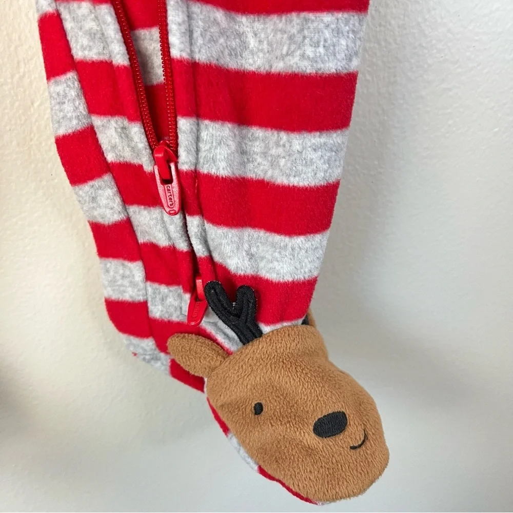 Carter's Baby 6M Red & Gray Striped Fleece Footie Cute Reindeer Feet Holiday